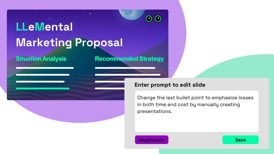 AI presentation builder with smart editing interface showing quick content refinement without regeneration
