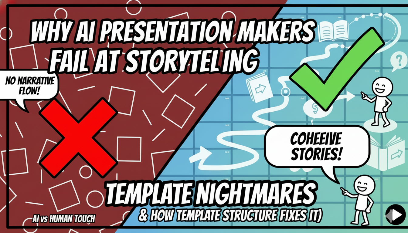AI presentation maker generating disjointed slides compared to template-based approach with strategic narrative flow and persuasive structure
