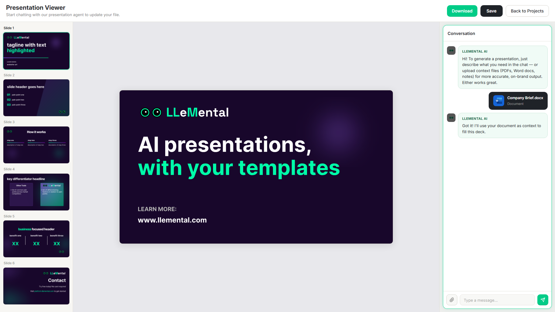 LLeMental project context upload screen showing research documents being added for AI-powered M&A business evaluation generation