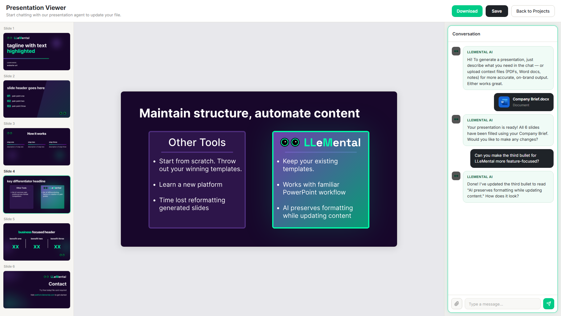 LLeMental AI presentation generator showing a generated slide from an existing PowerPoint template — template formatting preserved while content is populated from uploaded source document