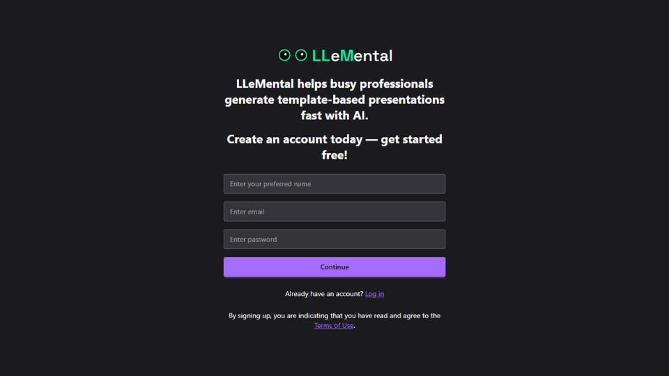 LLeMental signup form showing name, email, and password fields with continue button
