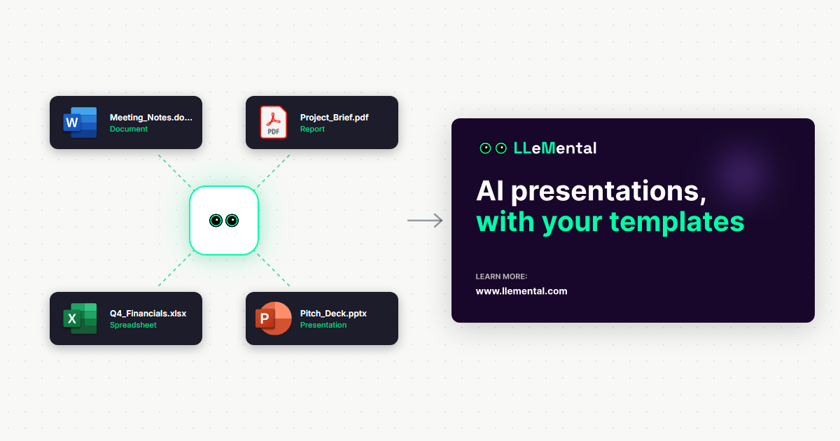 LLeMental's AI presentation generator combining multiple documents into professional presentations