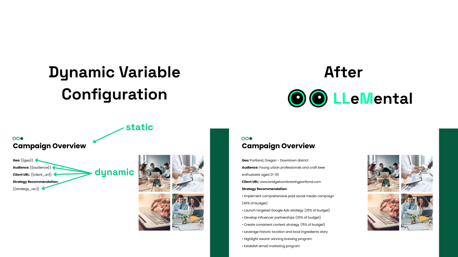 Before and after comparison of PowerPoint template with AI-powered variable mapping system