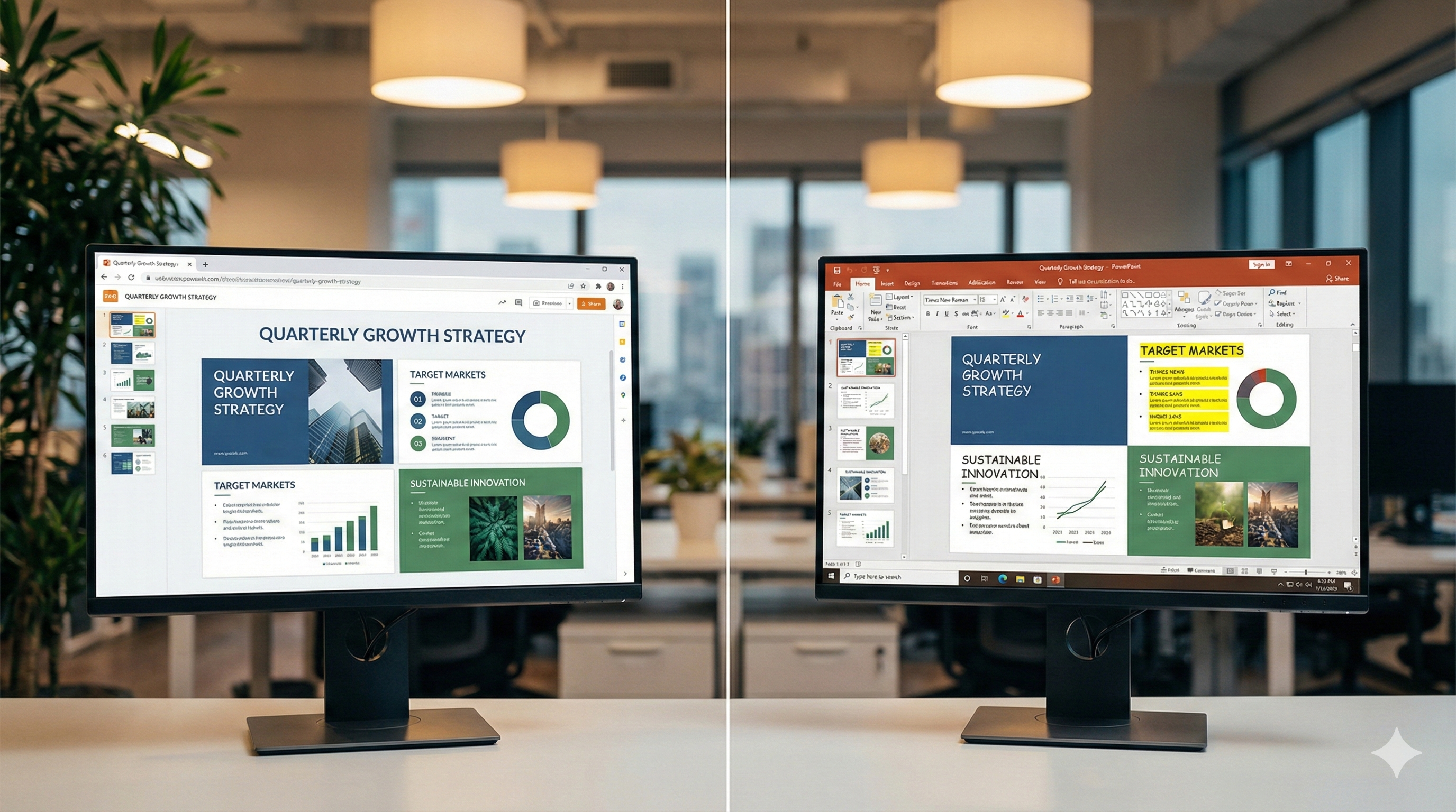 Side-by-side comparison showing presentation quality in web tool versus after PowerPoint export